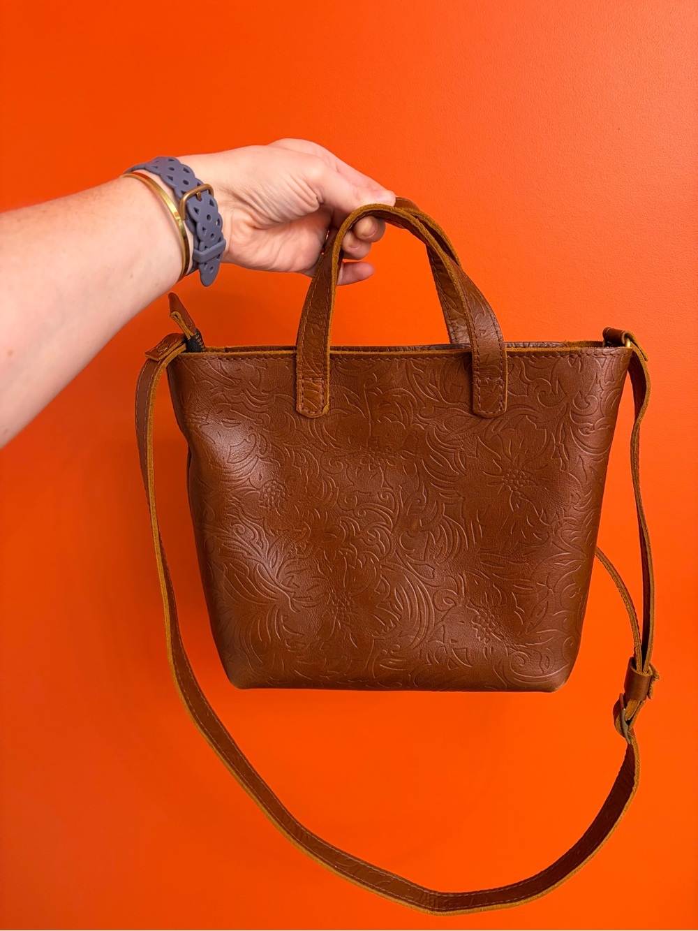 Portland Leather Goods Meadow Zipper Mini Tote Crossbody - Embossed Floral - Picture 5 of 13